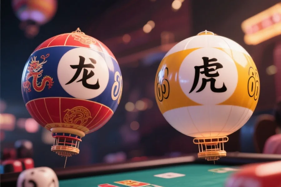 展示两个飞艇号码球对比，突显“龙”与“虎”结果及其视觉效果